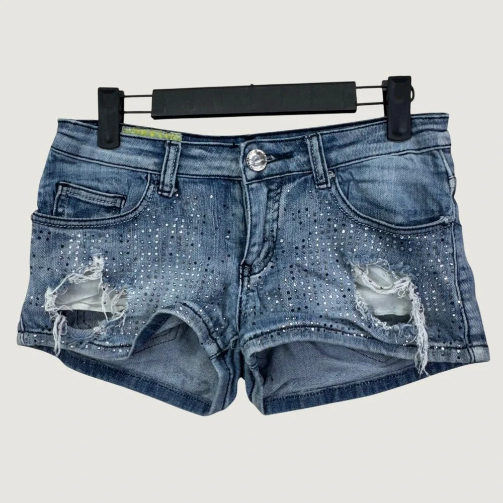 Machine Jeans Denim‎ Shorts Size 26 Blue Rhinestone Distressed Y2K McBling